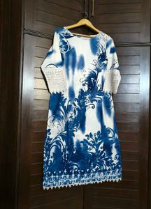 Mustard Women Blue & White Printed Cotton Suit