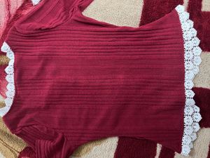 Maroon Ribbed Cardigan with Lace Trim