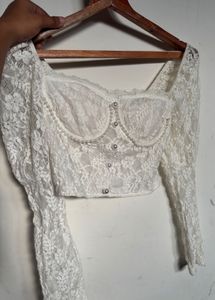 Elegant White Lace Pearl Crop Top