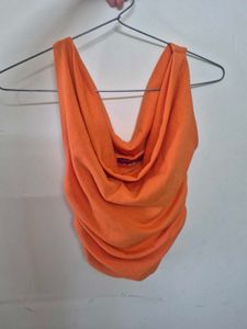 Orange Ruched Cowl Neck Top