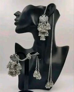 Oxidized Silver Jhumki  Long chain Jewellery Set