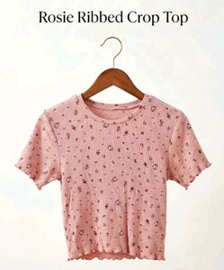 Pink Floral Ribbed Crop Top