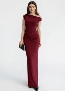 newme maroon ruched one shoulder maxi dress