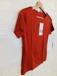 Rust-Colored Button-Detail T-Shirt