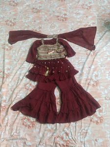 Maroon Ruffled Kurta Set with Dupatta
