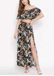 Frill Off Shoulder Crop Top With Side Slit Skirt