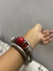 Unique Red Bead Silver Bangle