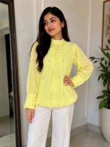 Yellow Peplum Top with Balloon Sleeves
