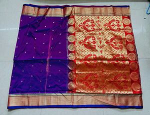 Purple Banarsi silk saree with blouse piece