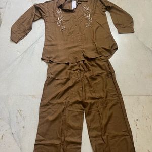 Embroidered Brown Co-ord Set
