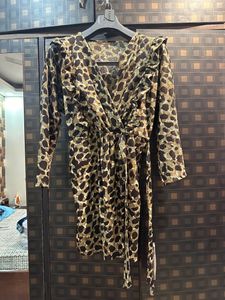 MANGO Ruffle Leopard Wrap Dress Green & Taupe
