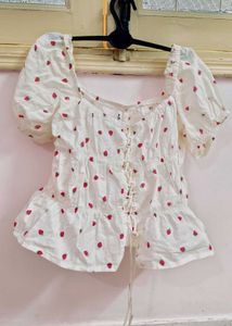 Cute Strawberry Print Cottagecore Top🤍🤍