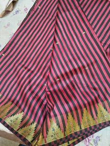 Elegant Pink &amp; Black Striped Saree