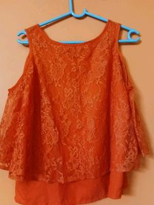 Orange Lace Cold Shoulder Top