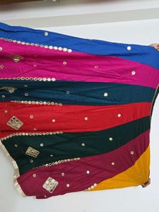 Vibrant Striped Saree with Mirror Work