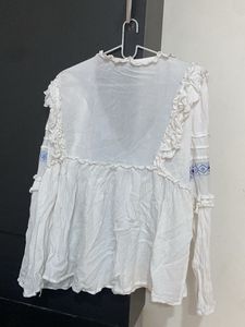 Boho White Embroidered Blouse with Tassel Tie