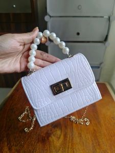 White Croc Textured sling Bag with Pearls