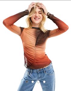 Sheer Ruched Ombre Long Sleeve Top 🤎