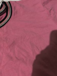 Pink Cropped T-Shirt with Striped Trim