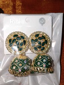 Green Jhumka Earrings with Gold Accents