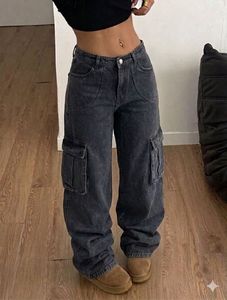 Womens Dark Wash Cargo Jeans