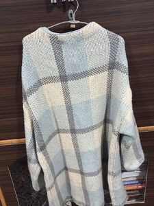 Down shoulder long blue cardigan