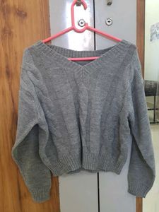 Grey Cable Knit V-Neck Off Shoulder  Sweater