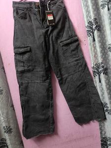 H&amp;M dark Wash Wide Leg Cargo Jeans