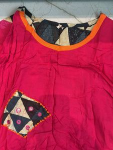 Vibrant Pink Kurta Set with Geometric Print Skirt