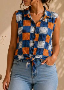 🎀150rs SALE🎀Checkered Tie-Front Sleeveless Shirt