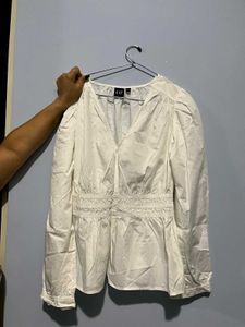 Gap White V-Neck Smocked Waist Blouse