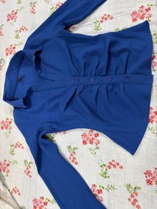 Fitted Blue Ruched Button-Down Top Shirt