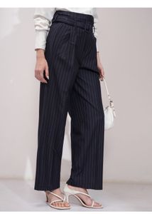 Navy Blue Pinstripe Pleated Trousers