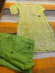 Lime Green Chikankari Kurta Set with matching lini