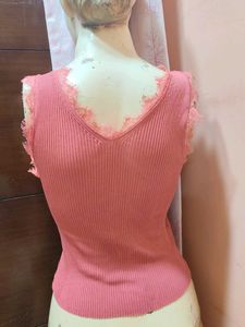 Pink Lace Trim Button-Up Ribbed Top