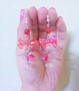 Cute Pink Bow &amp; Flower Dangle Earrings