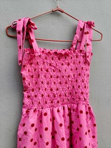 Pink Polka Dot Smocked Midi Dress