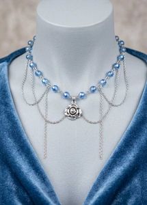 Blue Beaded Rose Pendant Necklace
