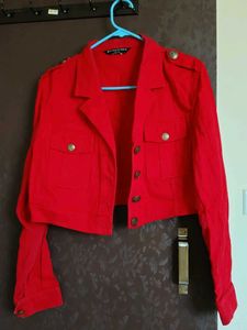 Red Cropped Military Style Jacket