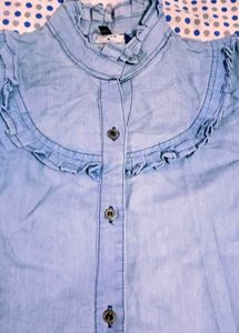 Stylish Denim Ruffled Button-Up Top jeans