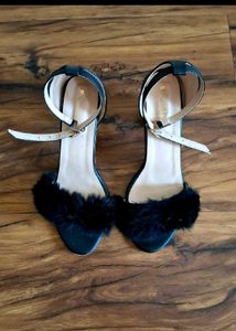 Black Feather Accent Block Heels