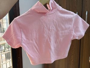 Pink Ribbed Turtleneck Crop Top