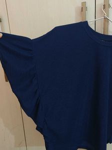 Navy Blue Textured Flutter Sleeve Top