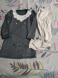 Girls Grey Kurta Set with Lace Detail