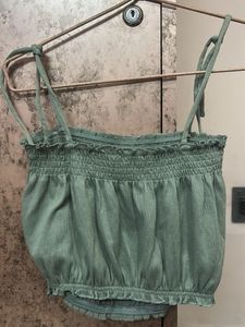 Sage Green Smocked Button-Up Crop Top