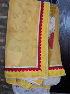 Floral Print Saree with Yellow, Red Border
