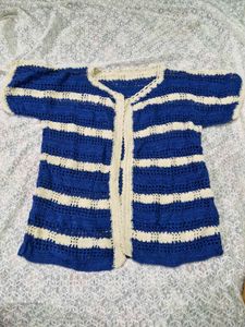 Blue &amp; White Striped Crochet Cardigan