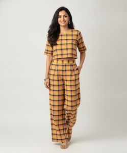 Boho Plaid Crop Top & Wide Leg Pants Set