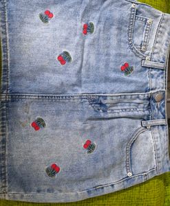 Cute Cherry Embroidered Denim Skirt