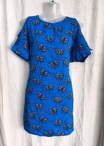 Blue Butterfly Print Cold Shoulder Dress